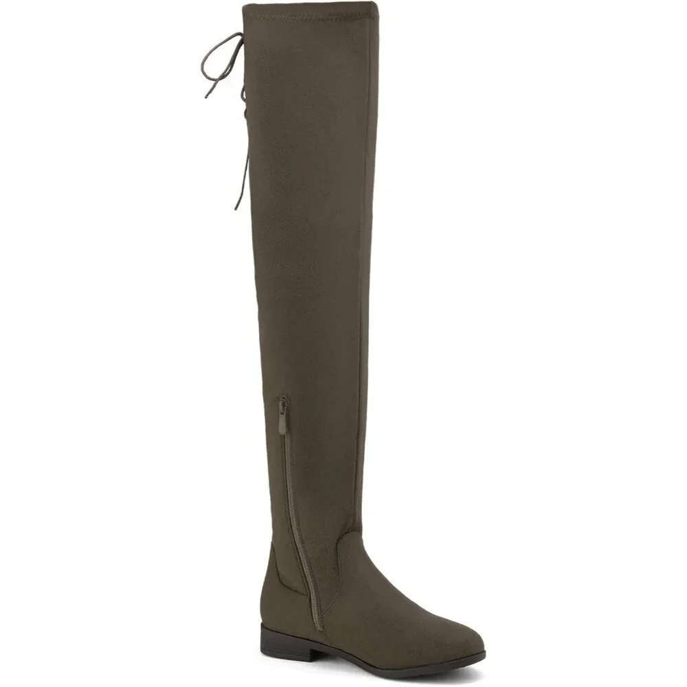 Women's Khaki Textile Suede Over The Knee Thigh High Winter Riding Boots